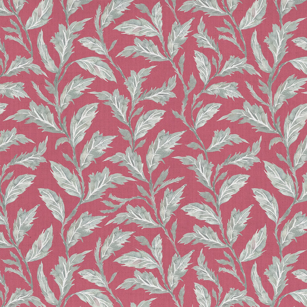 Pink leaf trail fabric with pale grey-green foliage on a raspberry ground