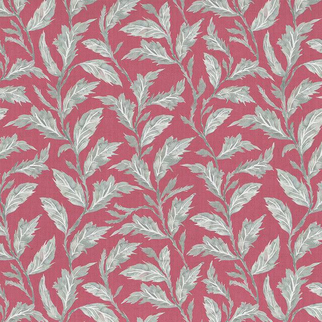 Pink leaf trail fabric with pale grey-green foliage on a raspberry ground