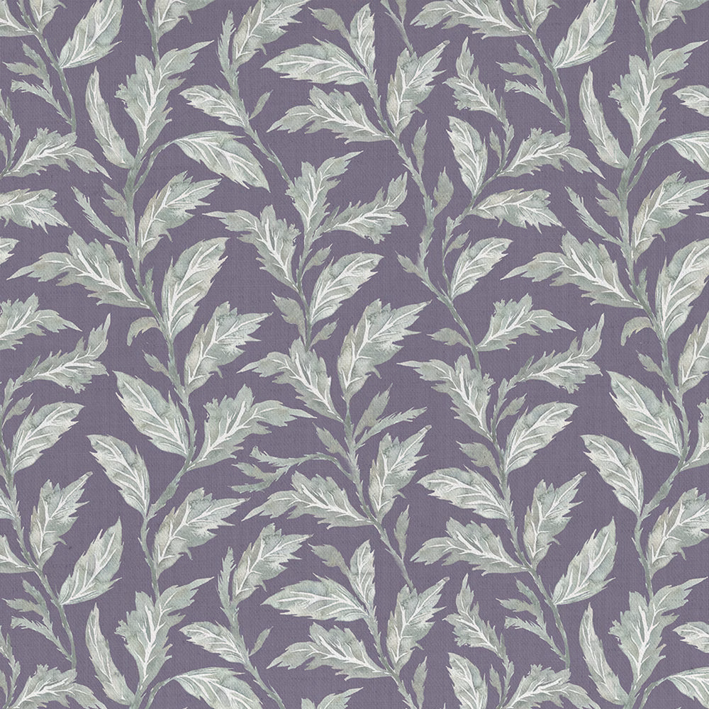 Purple botanical fabric with pale sage trailing leaf motif on a woven ground
