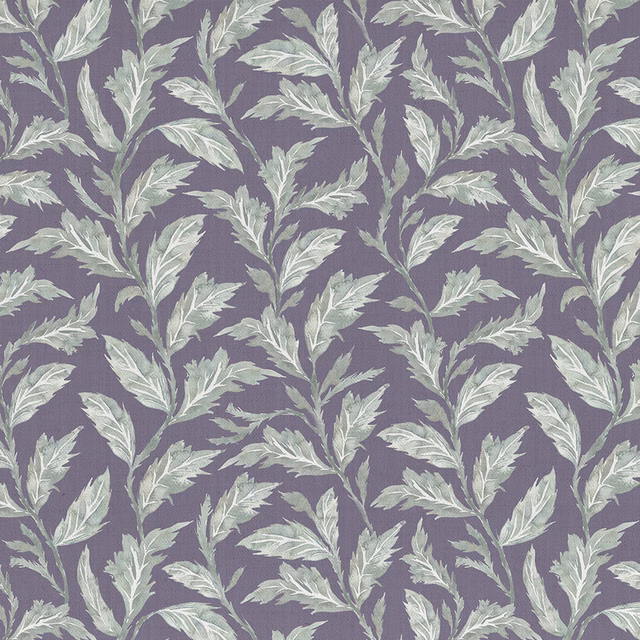 Purple botanical fabric with pale sage trailing leaf motif on a woven ground