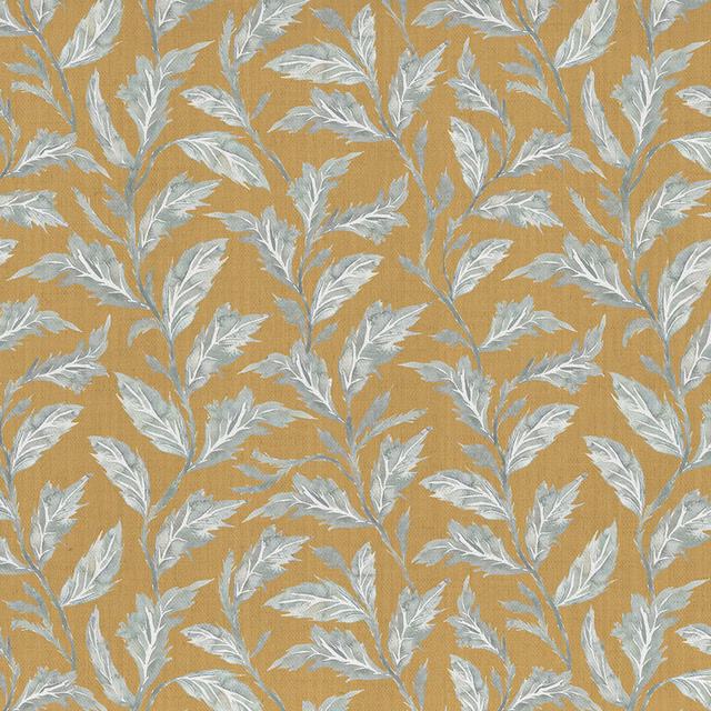 Mustard yellow botanical fabric with pale grey-green leaf trails and woven texture