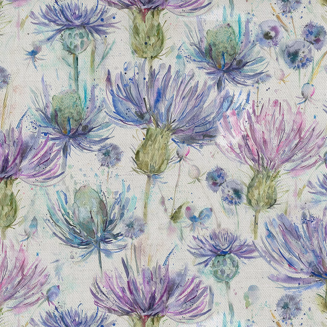 Painterly lilac and violet floral fabric with mint and blue accents on an ivory ground