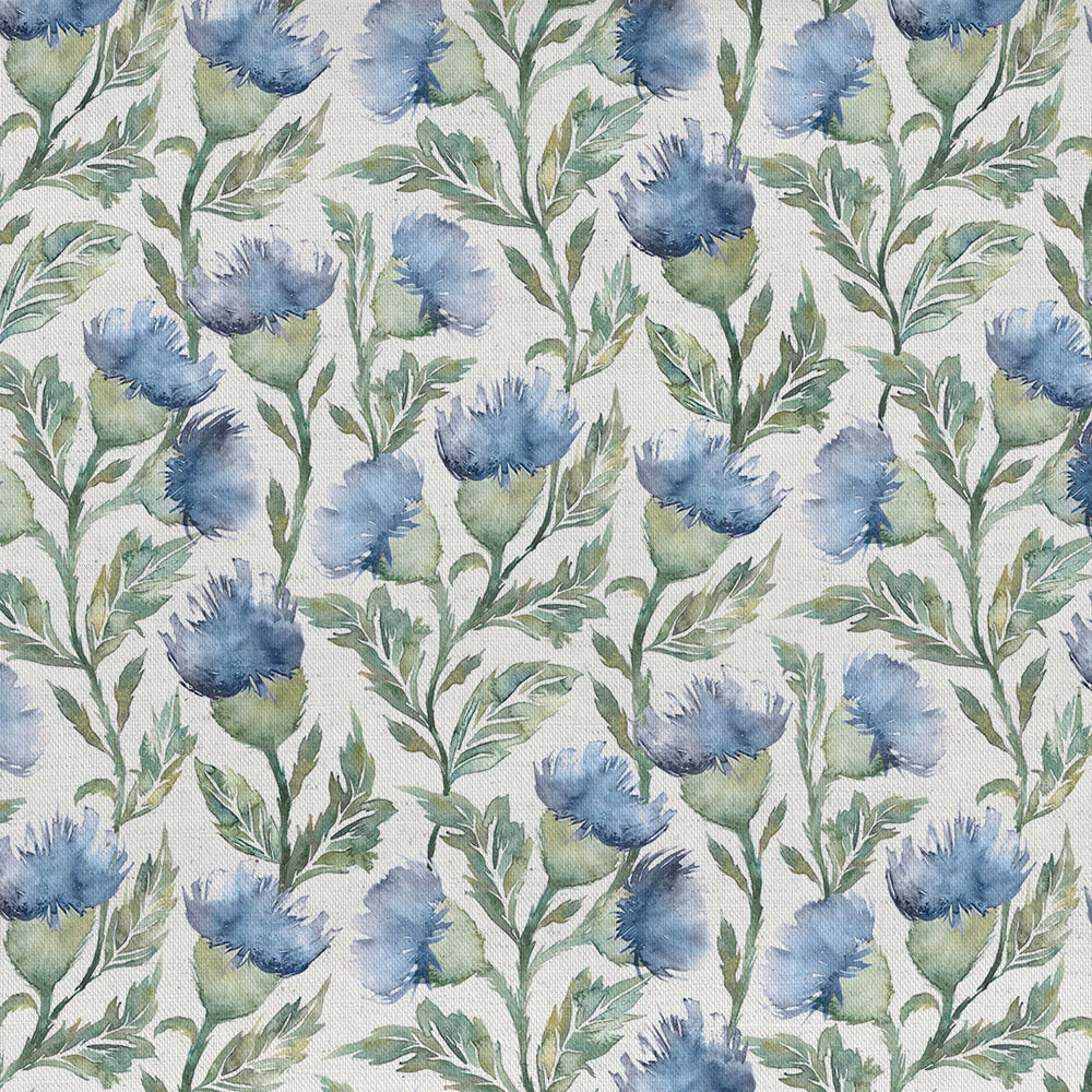 Blue and green painterly floral fabric on a pale textured ground