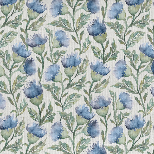 Blue and green painterly floral fabric on a pale textured ground