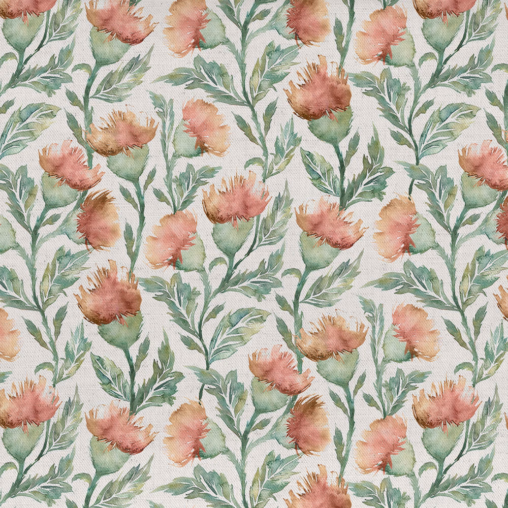 Watercolour floral fabric with coral-orange blooms and green leafy stems on a pale ground