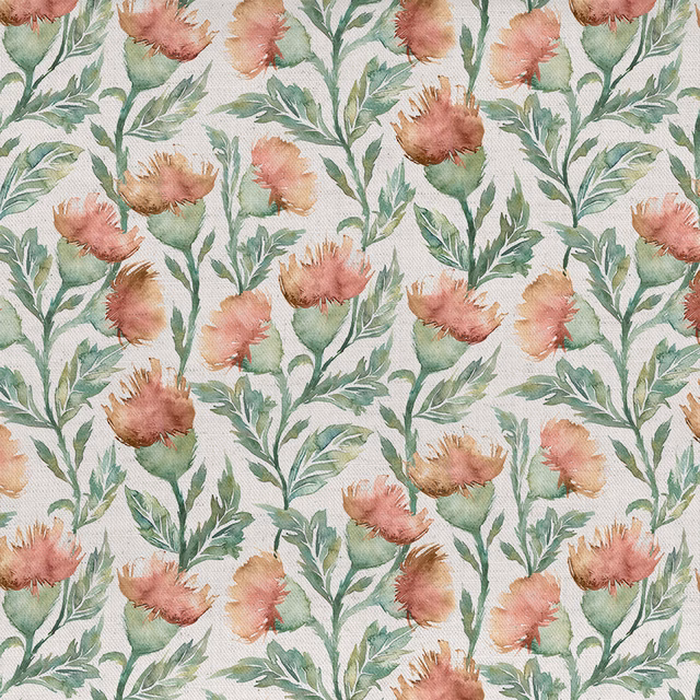 Watercolour floral fabric with coral-orange blooms and green leafy stems on a pale ground