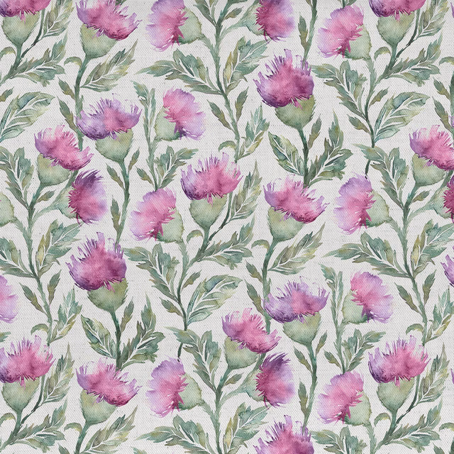 Pink and green botanical fabric with painterly flower heads on a pale ground