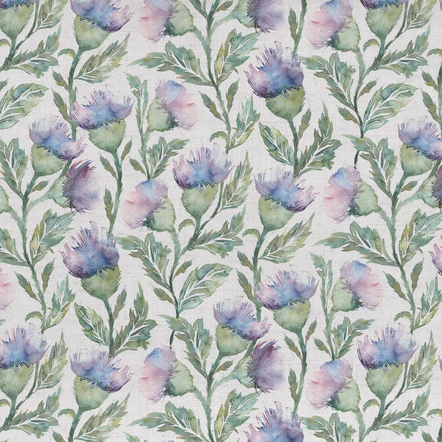 Watercolour thistle floral fabric in lilac, green and ivory