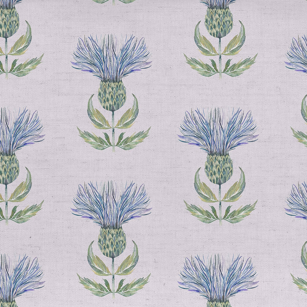 Pale linen-look fabric with blue thistle motifs and green leaves