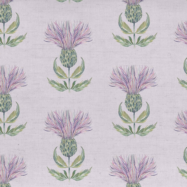 Thistle motif fabric on a soft grey ground with green and lilac detailing