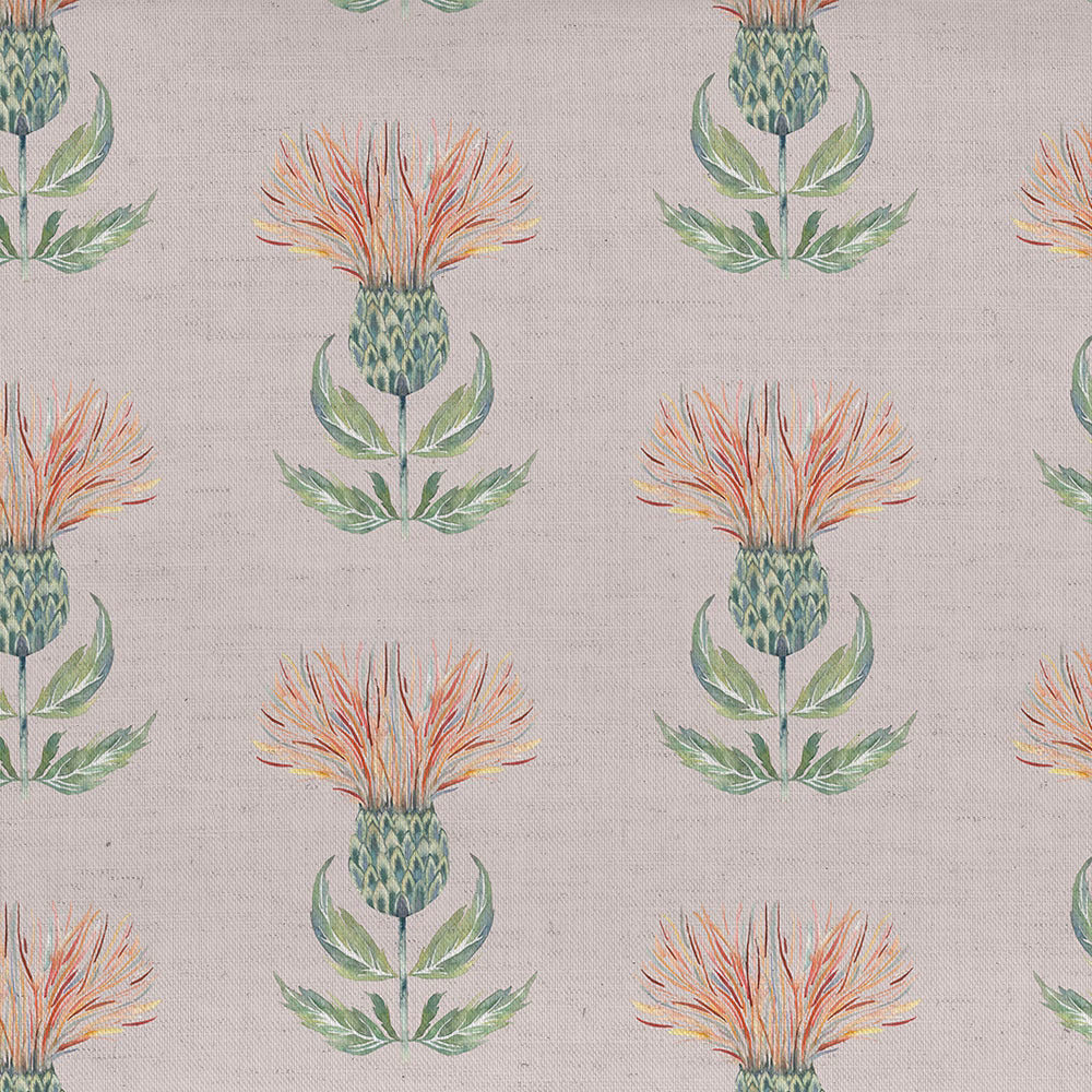 Repeat floral fabric with coral orange blooms and sage green leaves on a pale linen ground