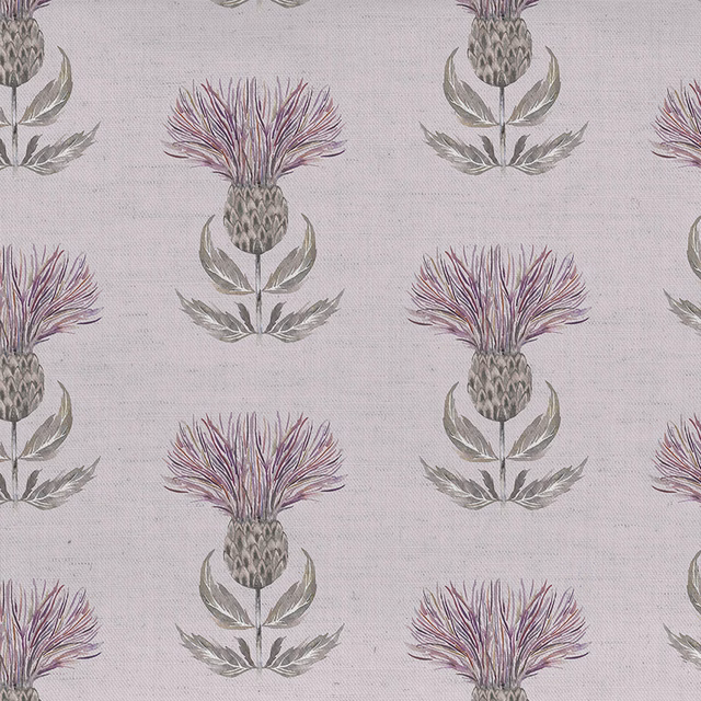 Pale blush fabric with repeated thistle motif in pink, sage and grey