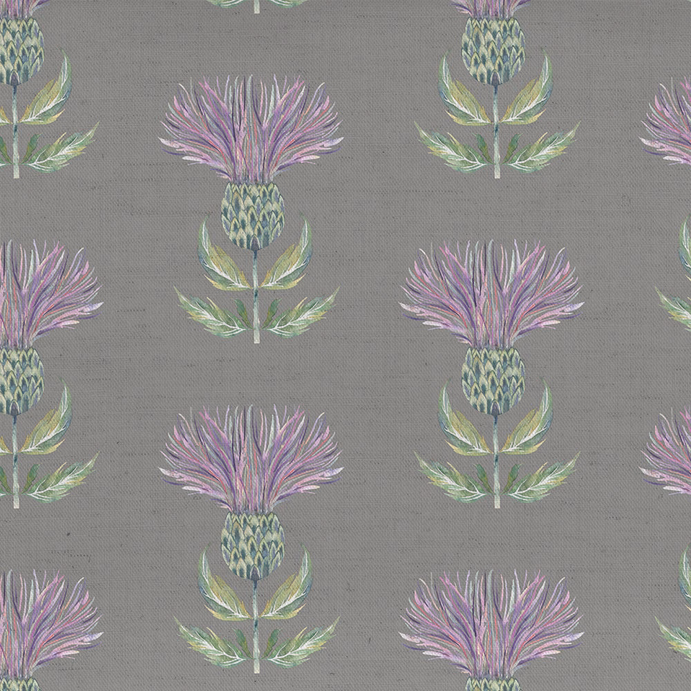 Grey-purple botanical fabric swatch with repeating thistle motif in lilac and green