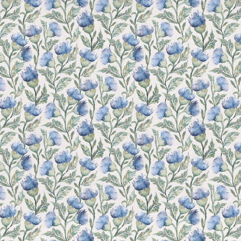 Blue floral trail fabric with green leaves on a pale ground
