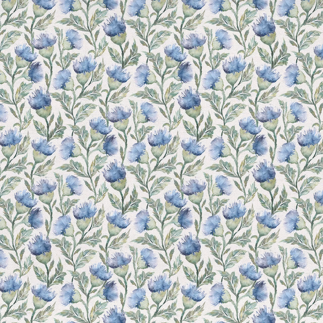 Blue floral trail fabric with green leaves on a pale ground