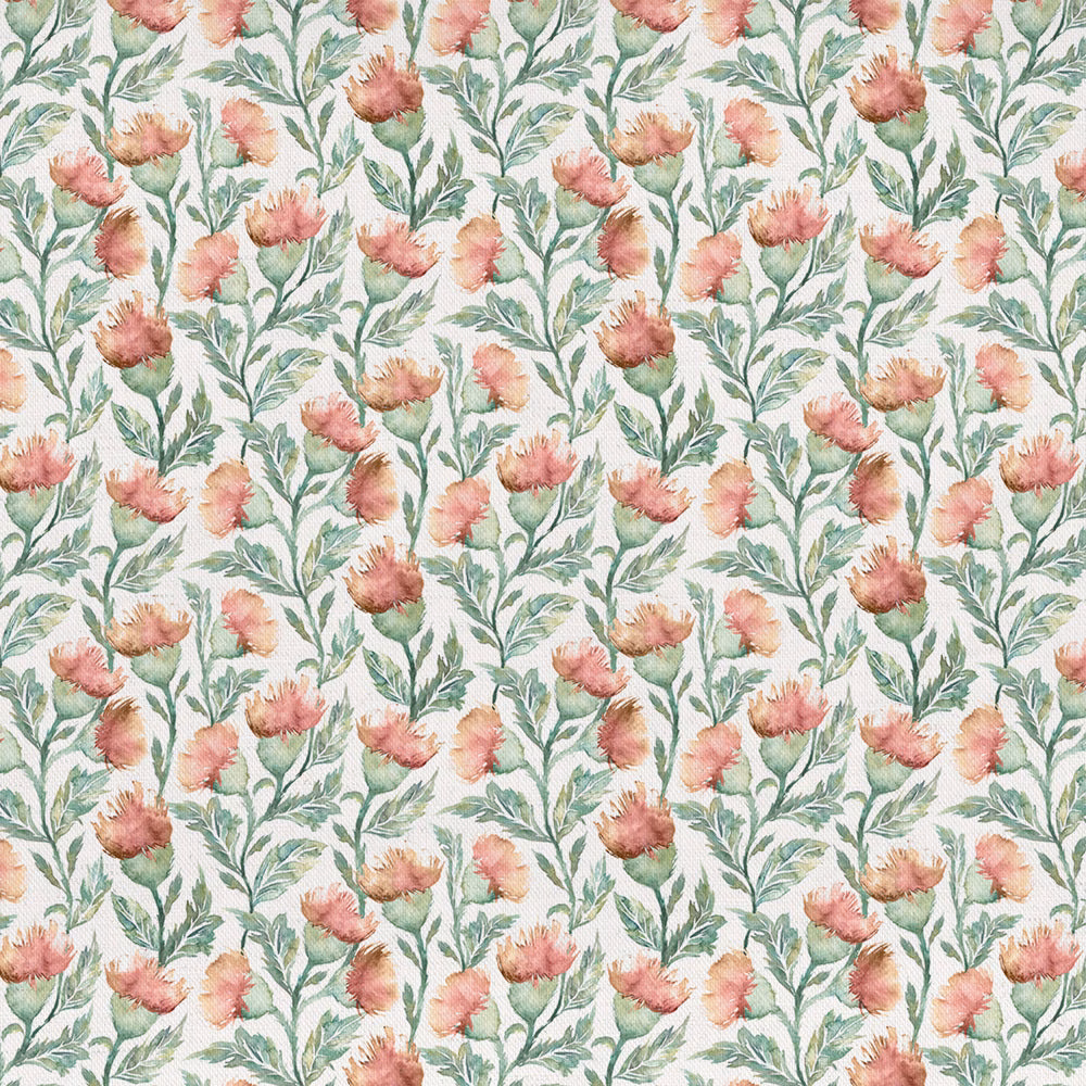 Watercolour-style floral fabric with terracotta orange blooms and green leafy stems on a pale ground