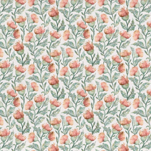 Watercolour-style floral fabric with terracotta orange blooms and green leafy stems on a pale ground
