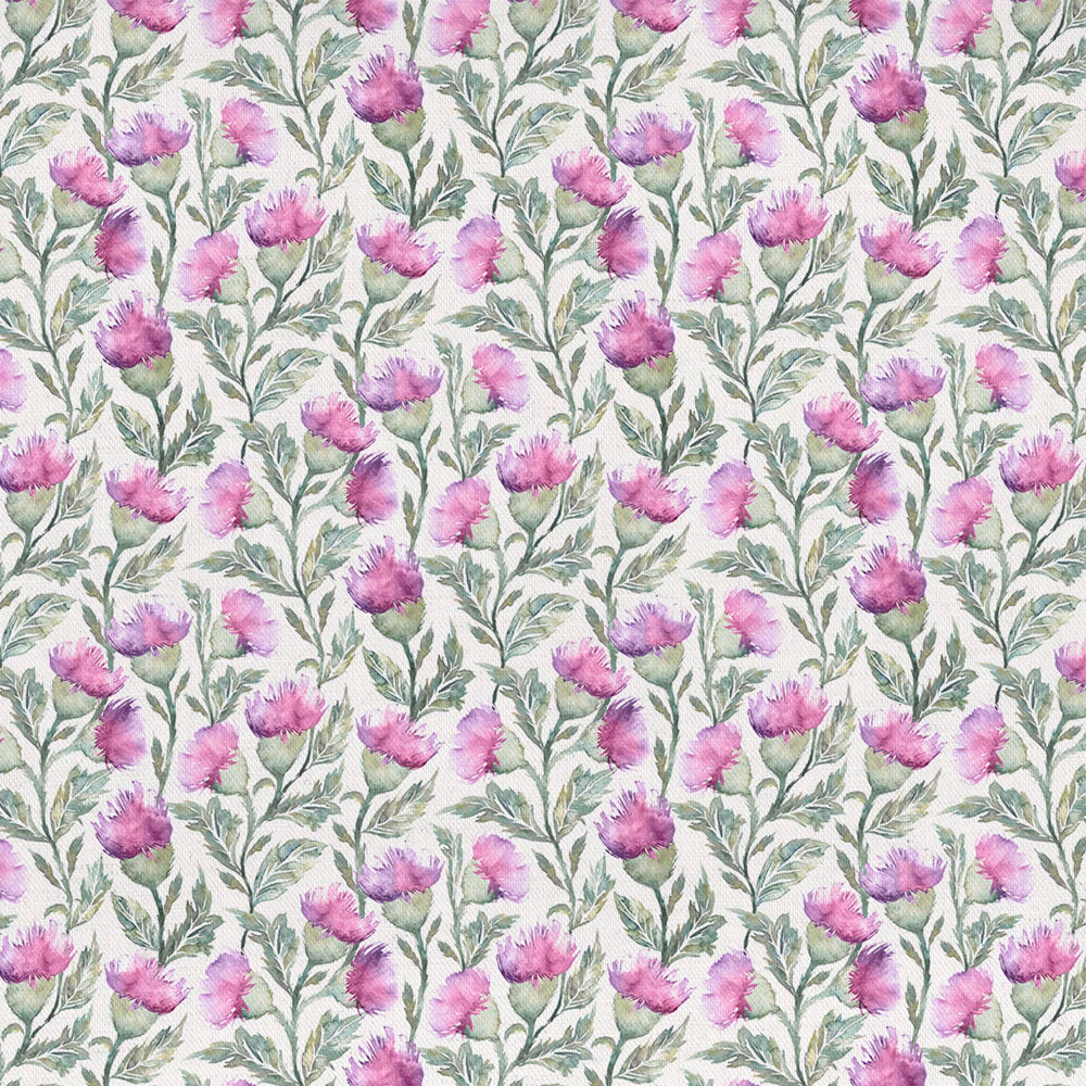 Pink and green floral fabric with painterly blooms on a pale ground