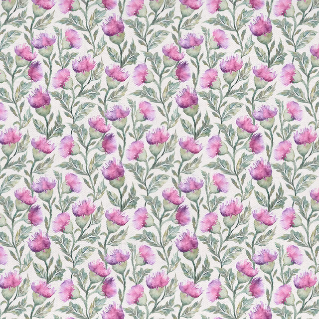 Pink and green floral fabric with painterly blooms on a pale ground