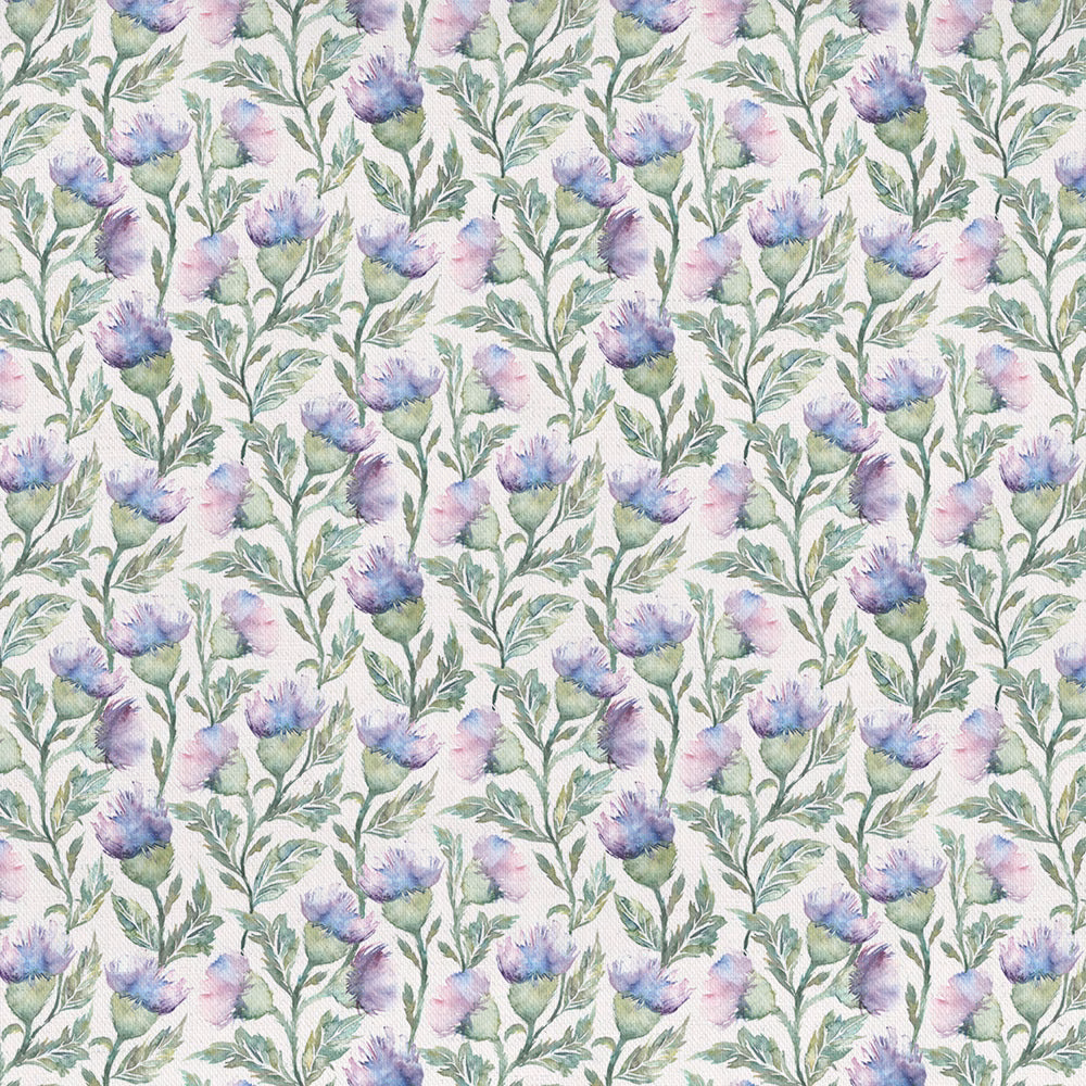Watercolour floral fabric with lilac purple blooms and green leafy stems on a pale ground