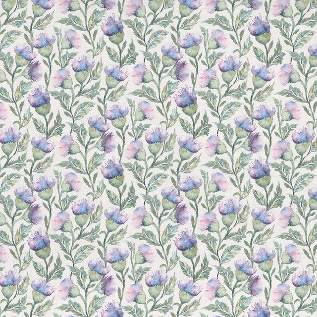 Watercolour floral fabric with lilac purple blooms and green leafy stems on a pale ground