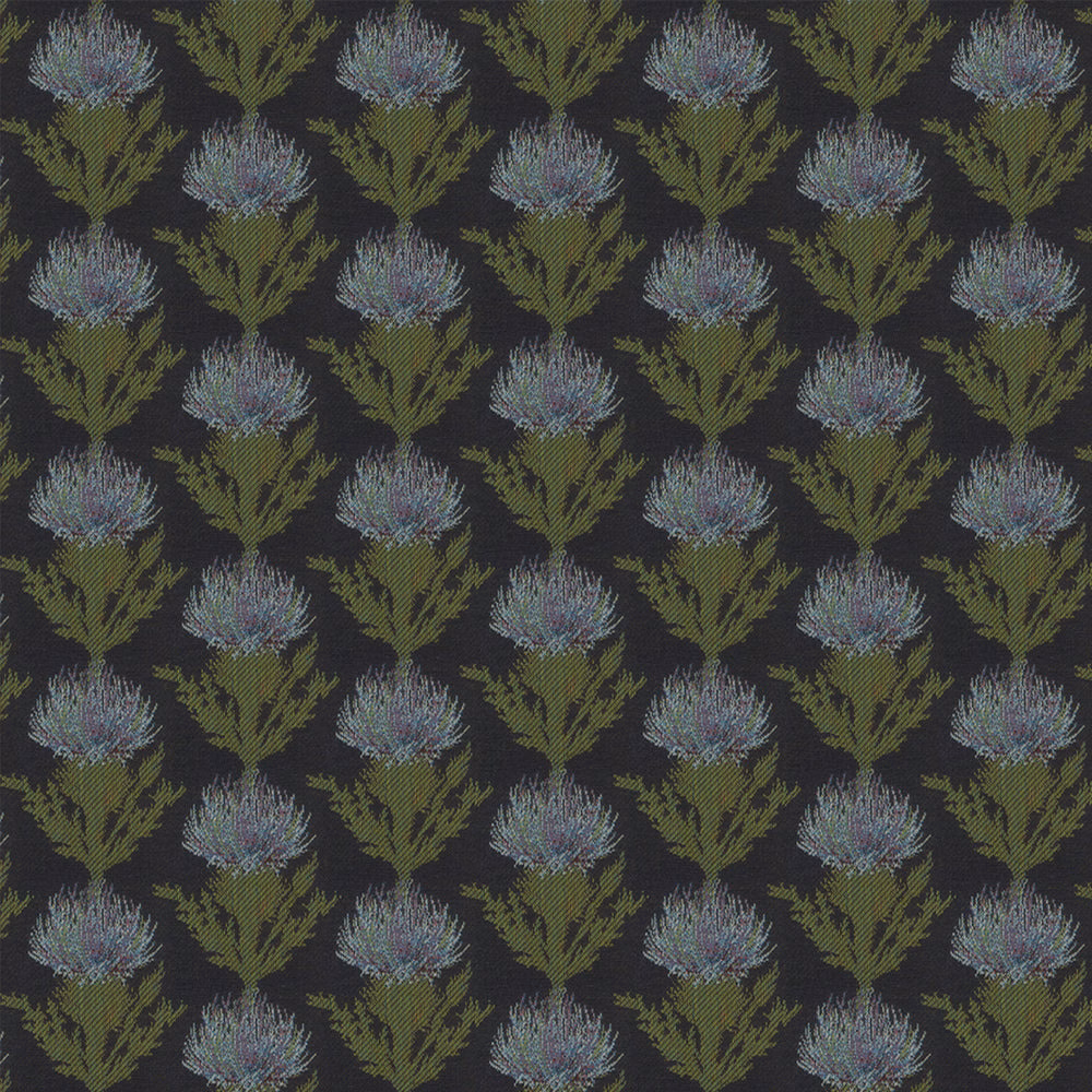 Dark woven fabric with repeating blue thistle heads and olive green leaves