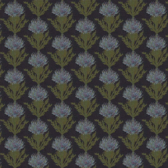 Dark woven fabric with repeating blue thistle heads and olive green leaves
