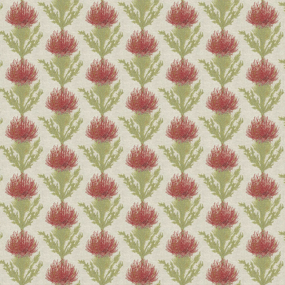 Repeated coral-orange floral motif with pale green stems on a light ground