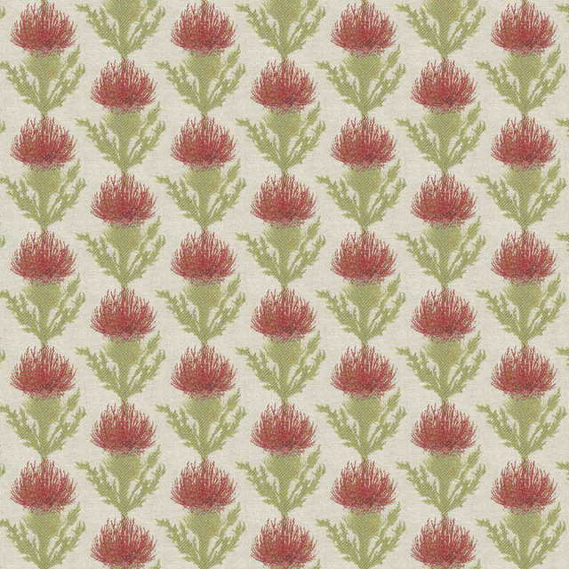 Repeated coral-orange floral motif with pale green stems on a light ground
