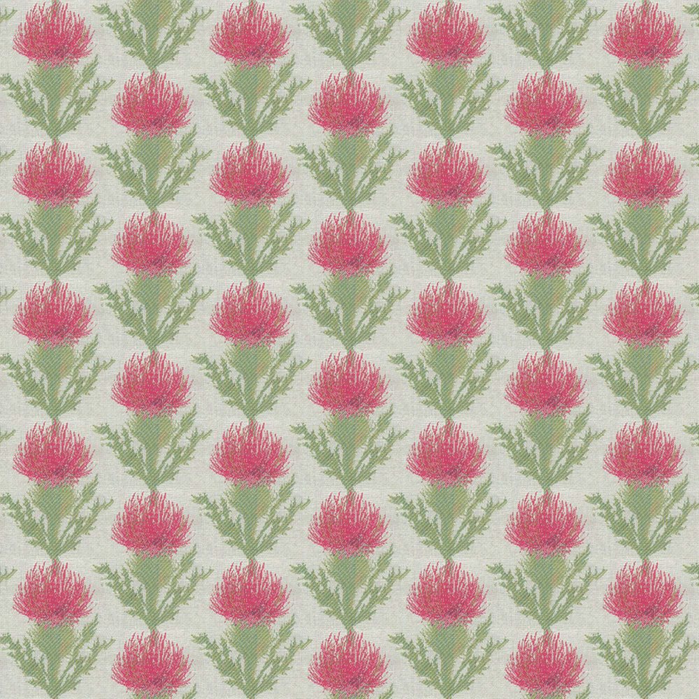 Pink floral motif with green leaves on a pale woven fabric swatch