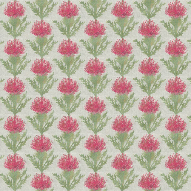 Pink floral motif with green leaves on a pale woven fabric swatch