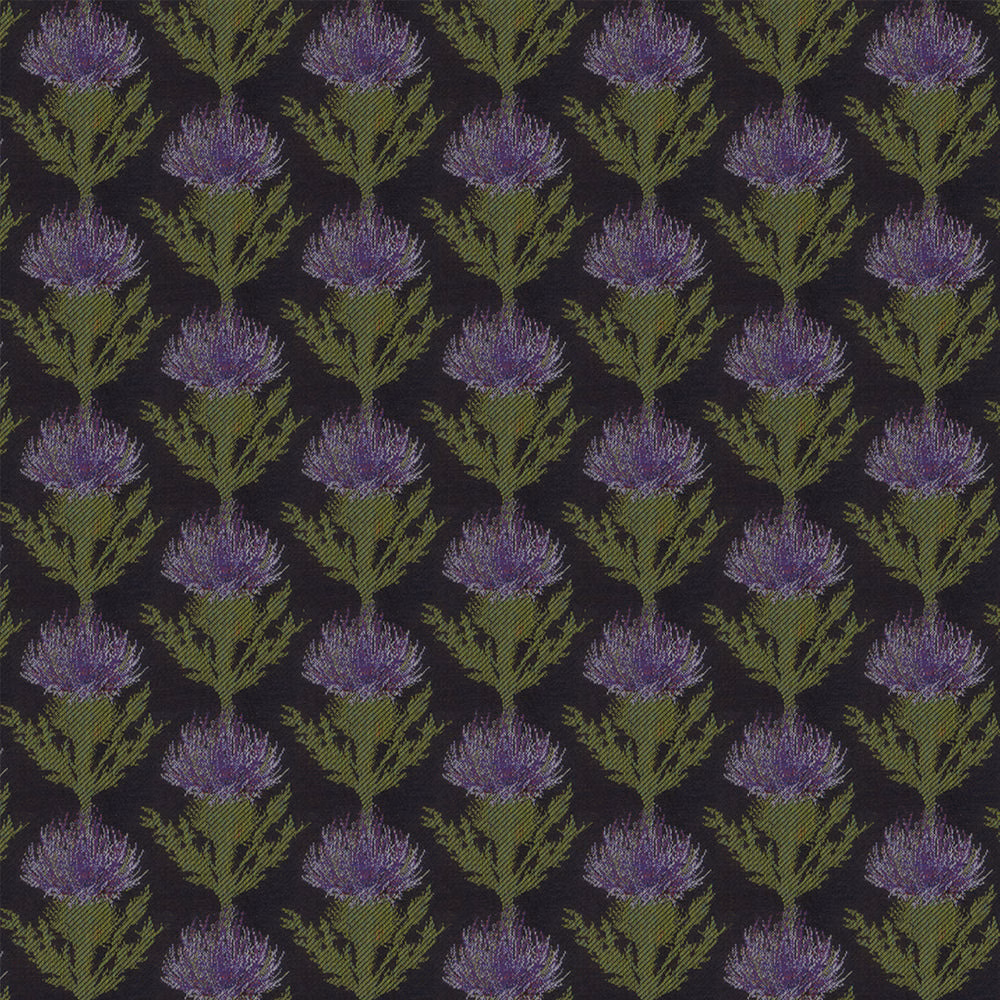 Close-up of a thistle pattern in purple and olive on a dark woven ground