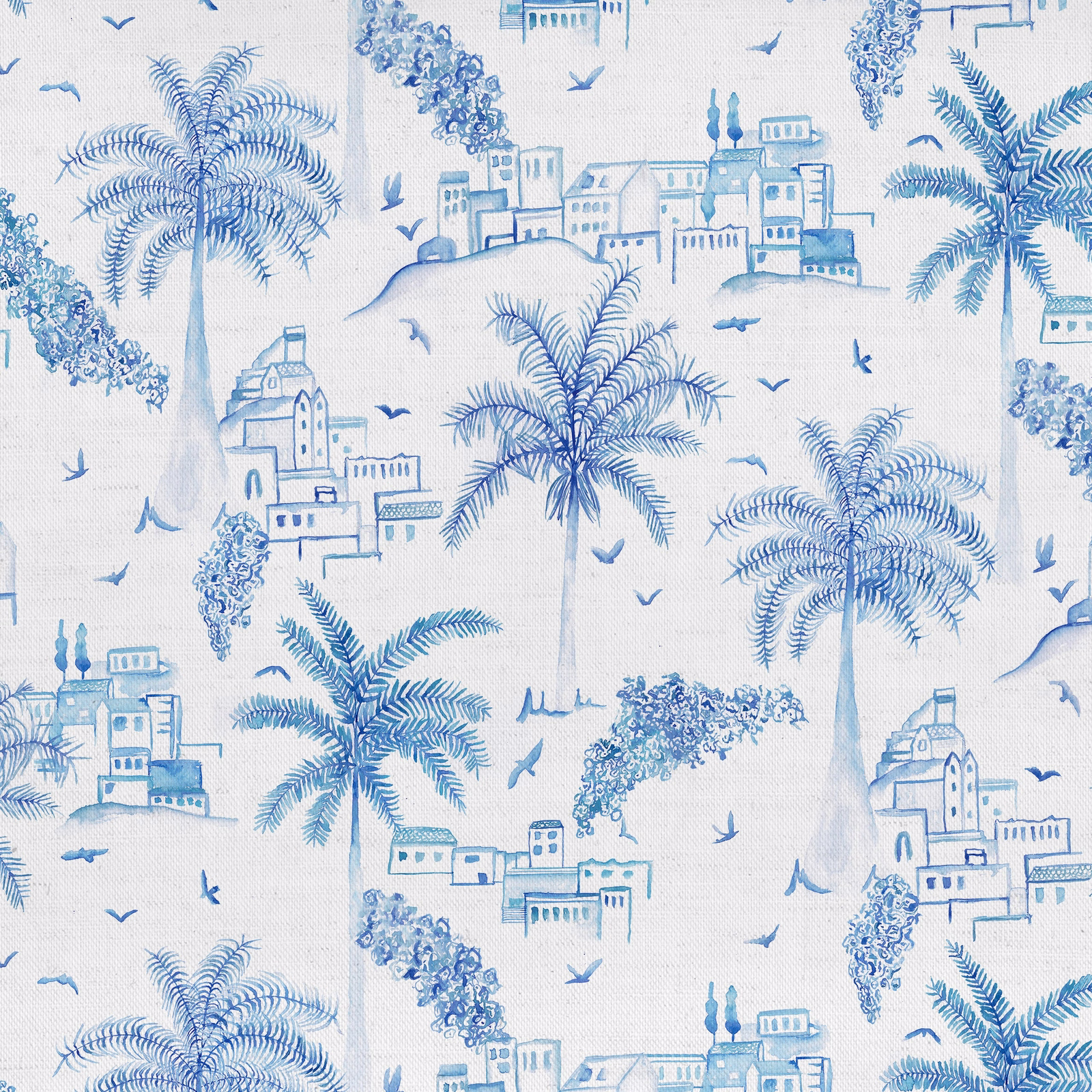 Blue palm tree and coastal village print on pale cotton fabric