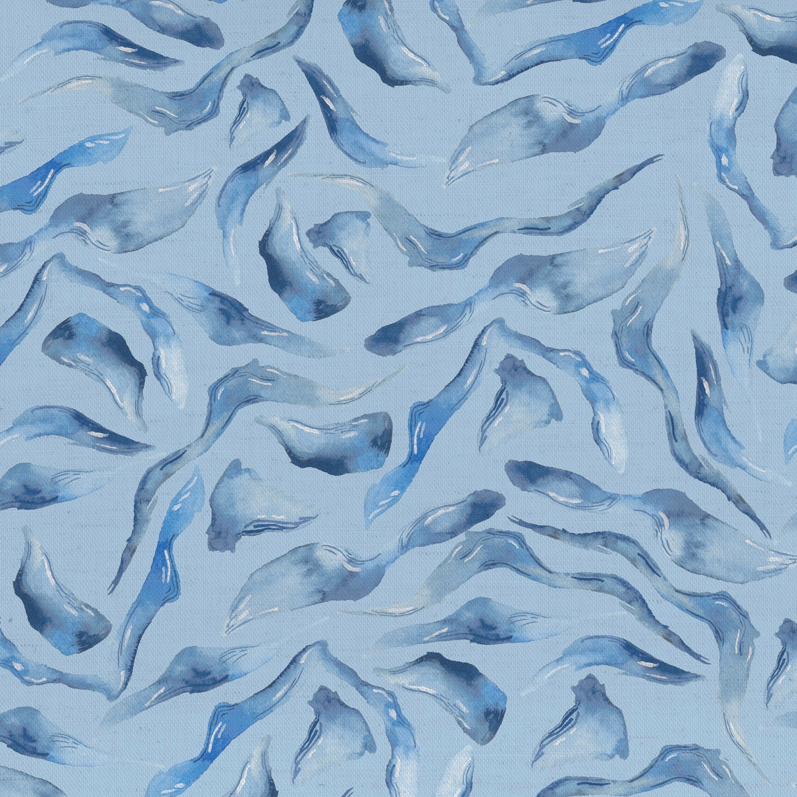 Pale blue cotton fabric with painterly abstract blue swirls and watery texture