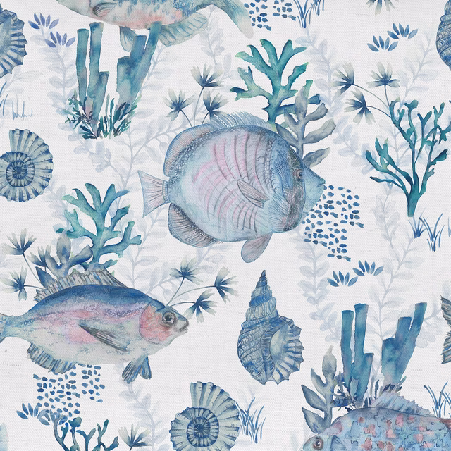 Pale aqua cotton fabric with large fish, coral and shell print