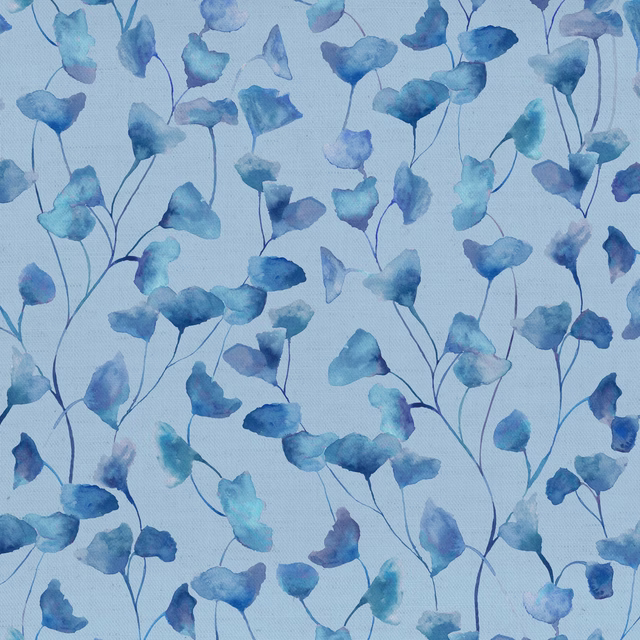 Watercolour blue leaf pattern on pale cotton ground