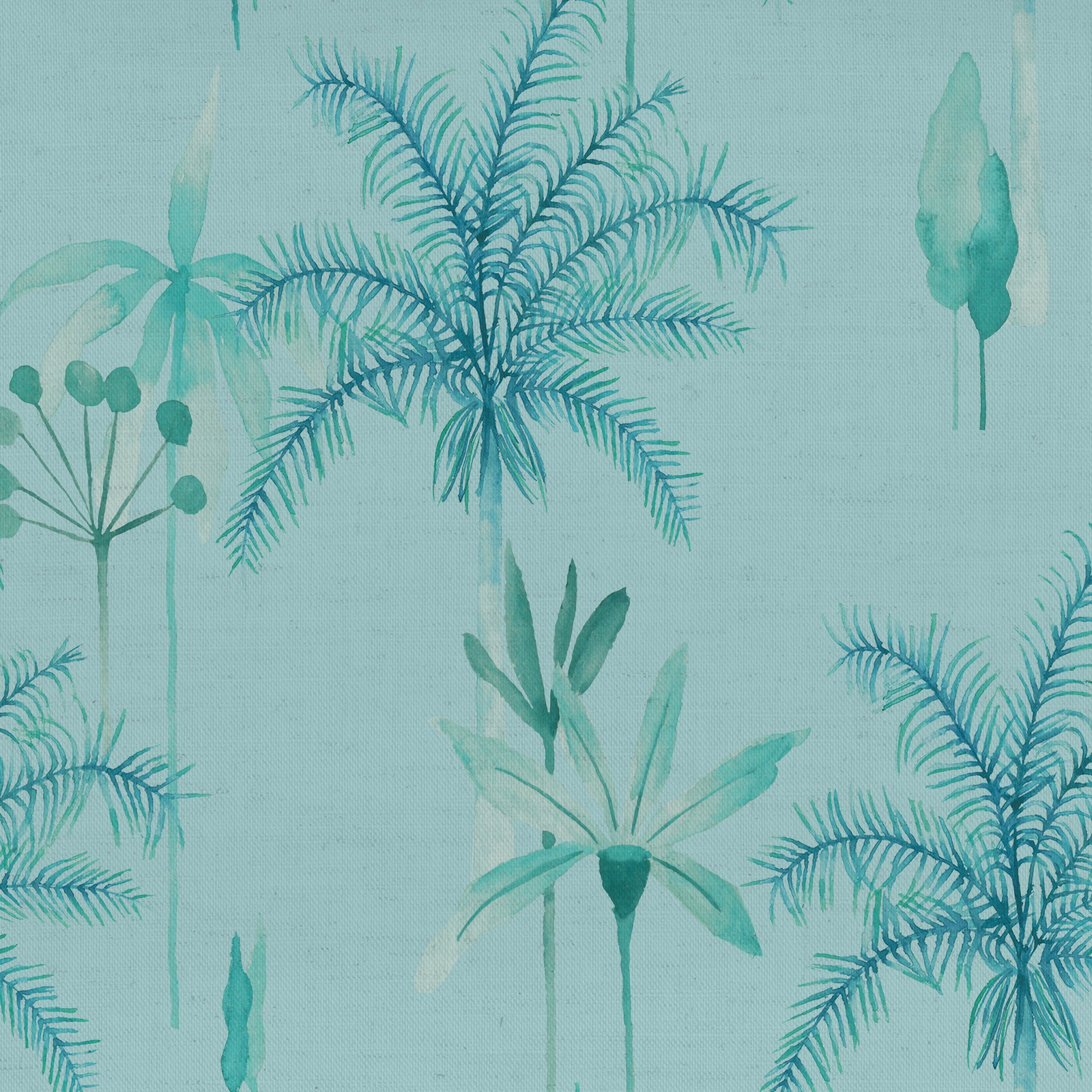 Pale aqua cotton fabric with large tropical leaf and palm print