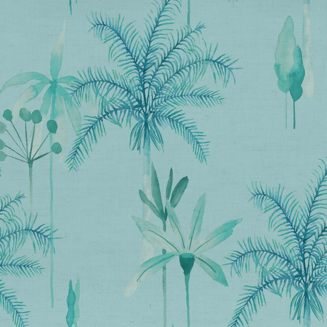 Pale aqua cotton fabric with large tropical leaf and palm print