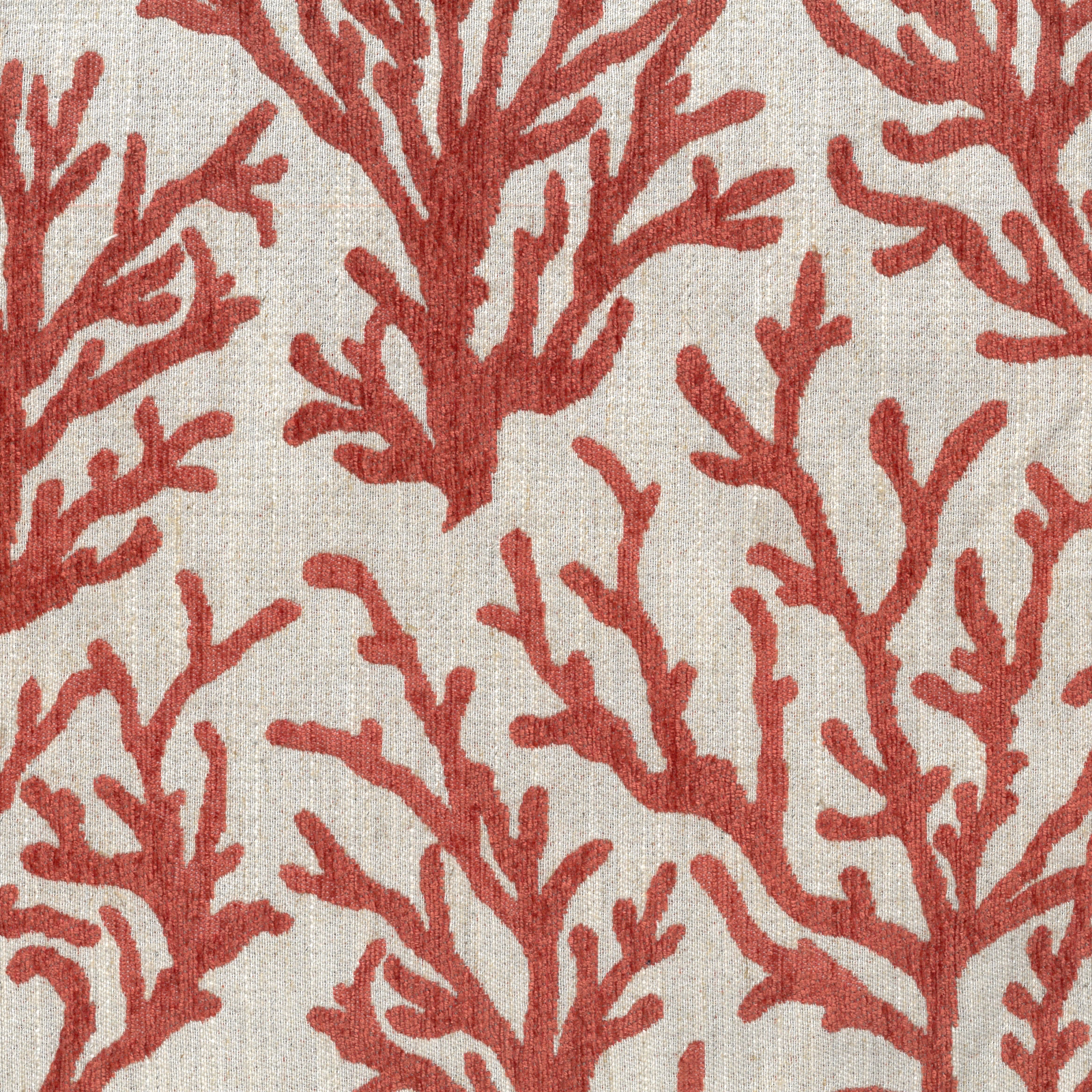 Coral red coral-branch motif on a pale woven linen-look ground
