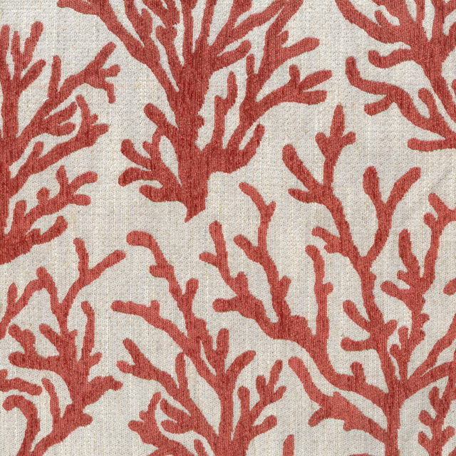Coral red coral-branch motif on a pale woven linen-look ground