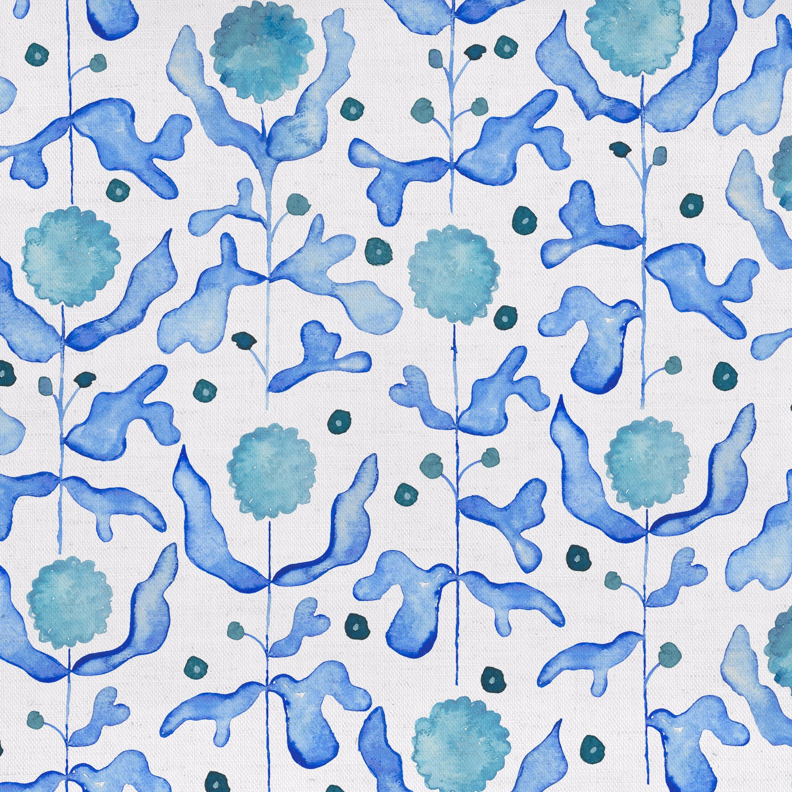 Blue and aqua floral cotton print with painterly stems on a pale background