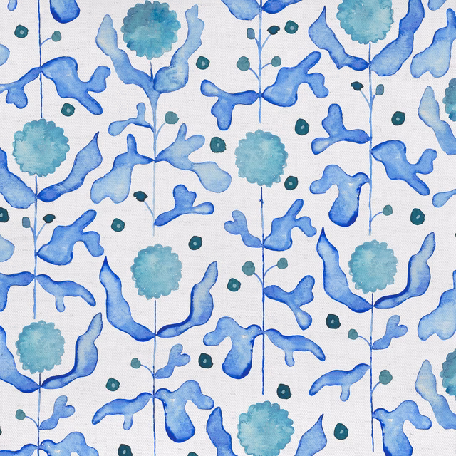 Blue and aqua floral cotton print with painterly stems on a pale background