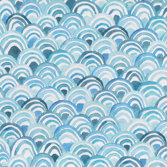 Scalloped aqua and teal abstract print on white cotton fabric