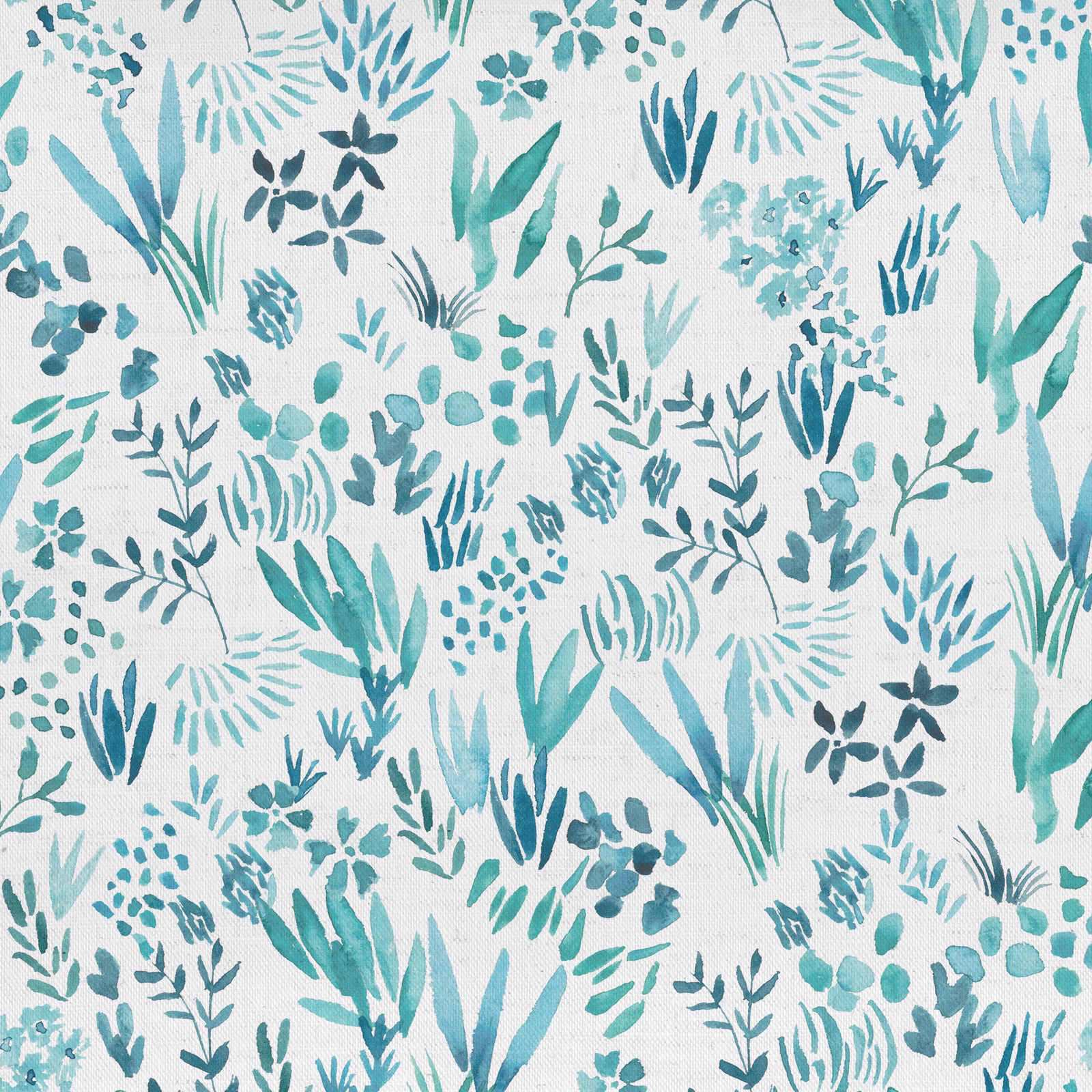 Aqua and teal botanical print on white cotton fabric