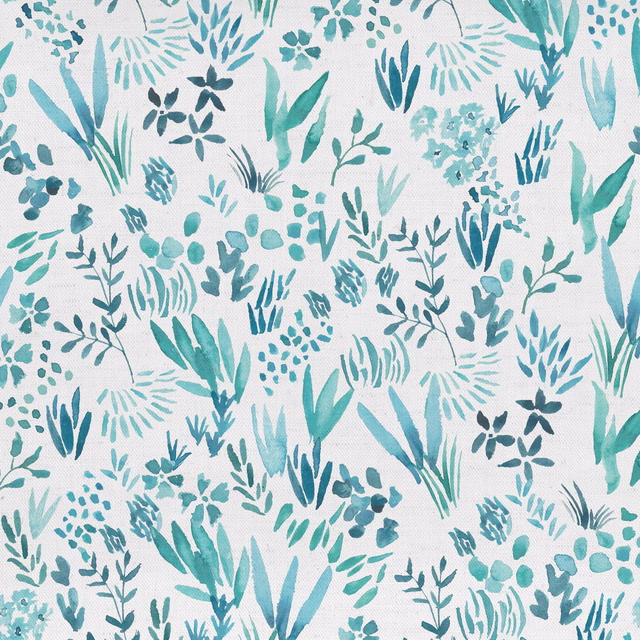 Aqua and teal botanical print on white cotton fabric