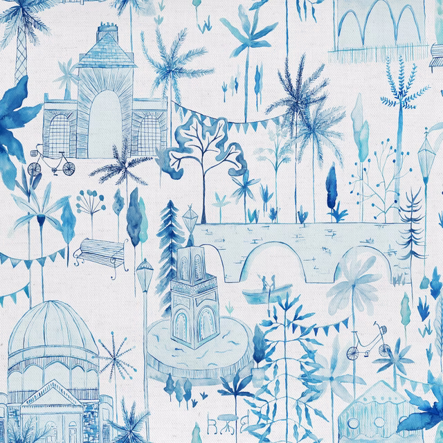 Blue illustrated garden and architecture scene on a pale cotton ground