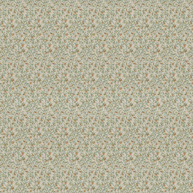Small trailing floral fabric in soft sage green with tiny ochre and blush accents