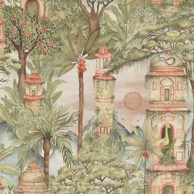 Painterly tropical fabric in muted sage green with palm trees and pagoda motifs