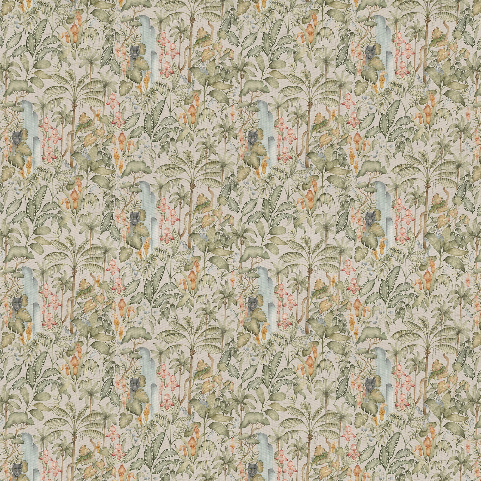 Soft sage botanical fabric with palms, leaves and hanging blossoms on a pale ground