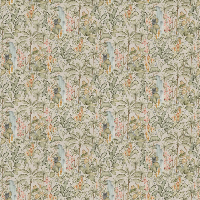 Soft sage botanical fabric with palms, leaves and hanging blossoms on a pale ground